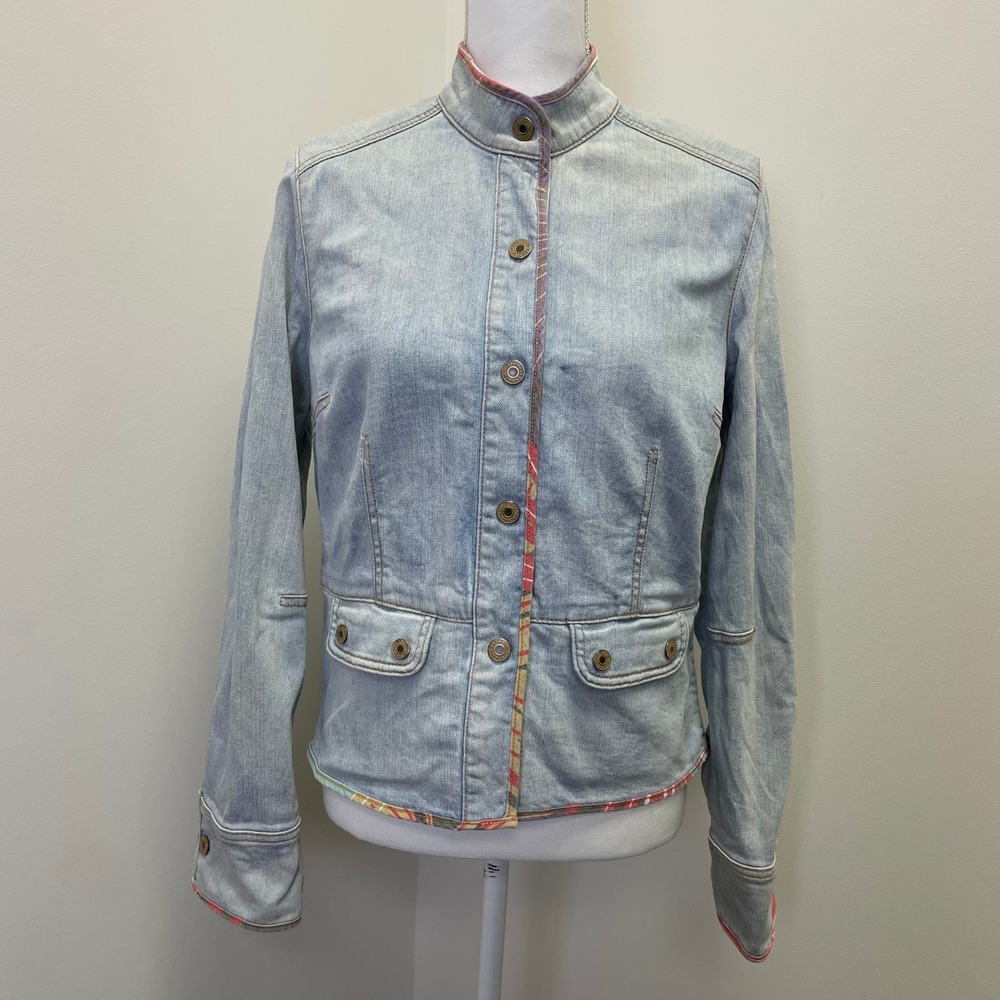 Y2K Gap Stretch Light Wash Mandarin Collar Denim Jacket M Tropical Lining VTG